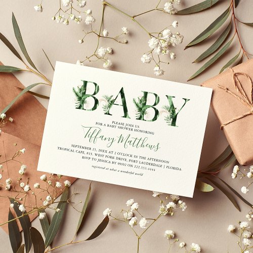 Botanical Tropical Greenery  Gold Baby Shower Invitation