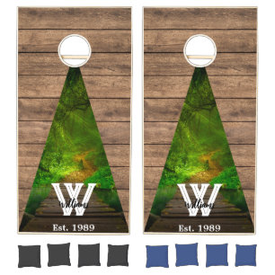 Botanical Tropical Greenery Wood Tone Monogram Nam Cornhole Set