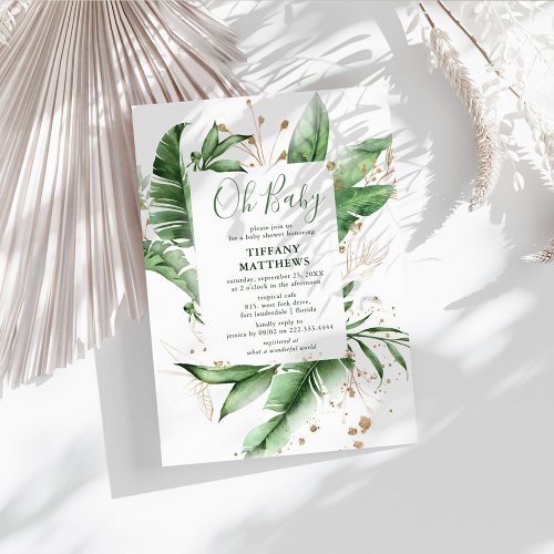 Botanical Tropical Leaf Frame  Gold Baby Shower Invitation