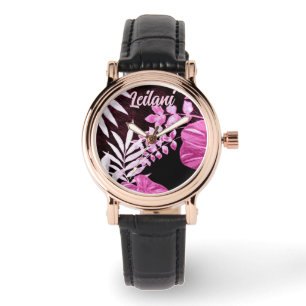 Botanical Tropical Leaves Palm Pink Personalized Watch