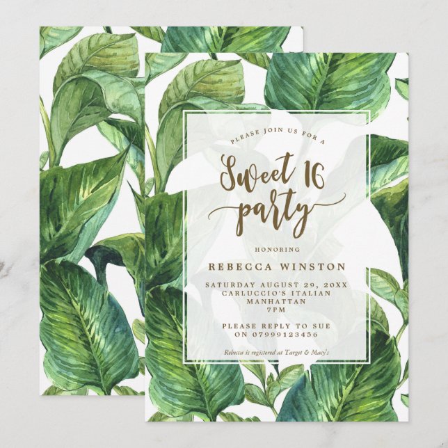 botanical tropical leaves sweet 16 party invite (Front/Back)
