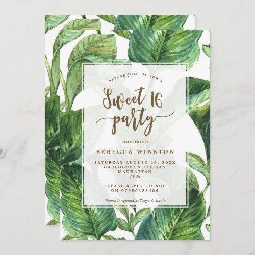 botanical tropical leaves sweet 16 party invite