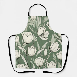Botanical Tulip On Sage Green Apron