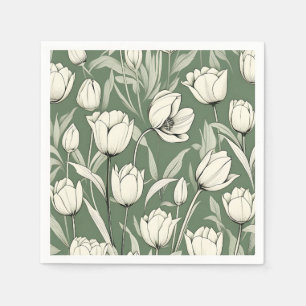 Botanical Tulip On Sage Green Napkins
