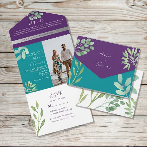 Botanical Turquoise and Purple Wedding All In One Invitation