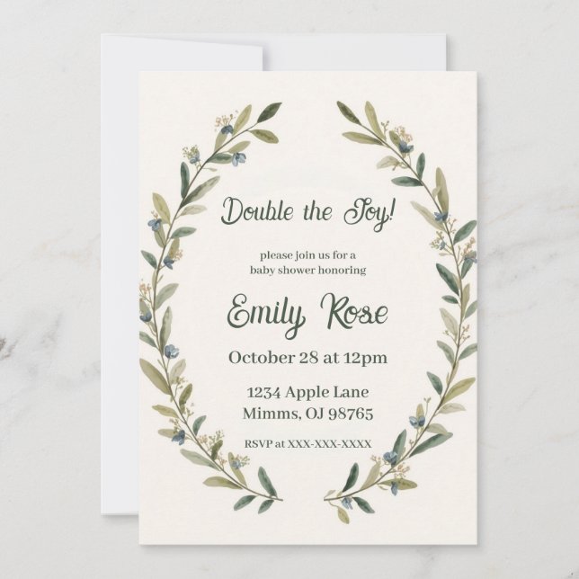 Botanical Twin Baby Shower Olive Branch Boho Green Invitation (Front)