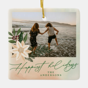 Botanical Two Couple Photo Holiday Custom Keepsake Ceramic Ornament