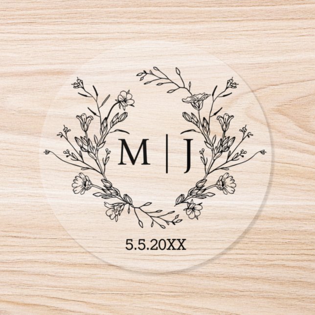 botanical typography monogram wedding clear classic round sticker (Single)