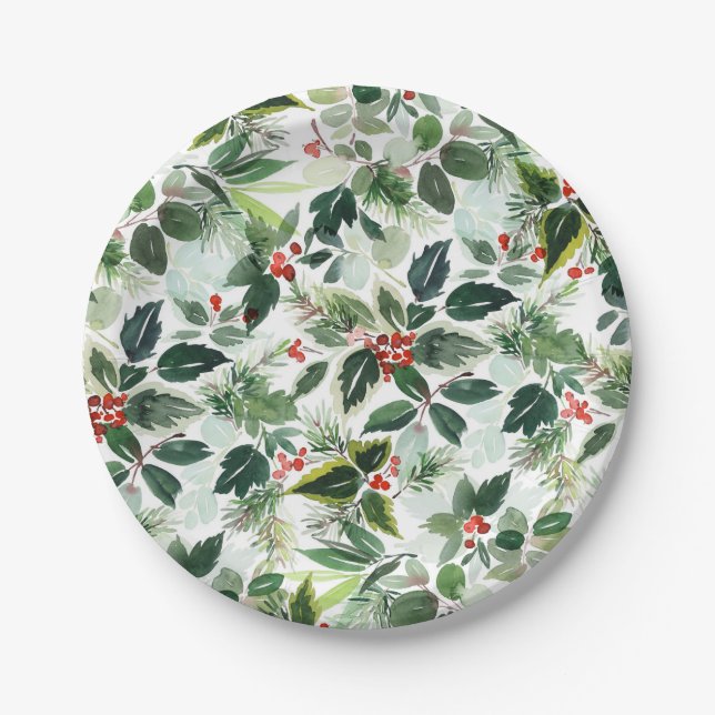 Botanical Variegated Winterberry Pattern Christmas Paper Plates (Front)