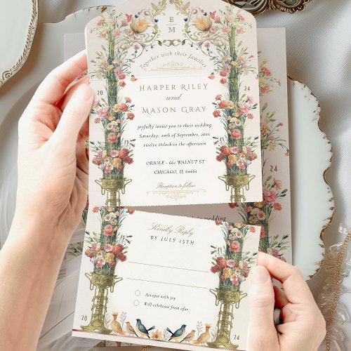 Botanical Victorian Bliss Wedding Perforated RSVP All In One Invitation