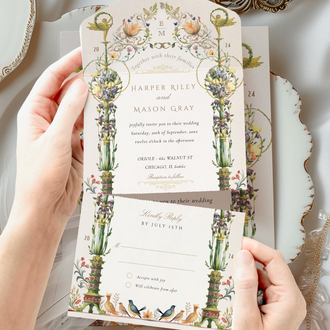 Botanical Victorian Bliss Wedding Perforated RSVP                    All In One Invitation