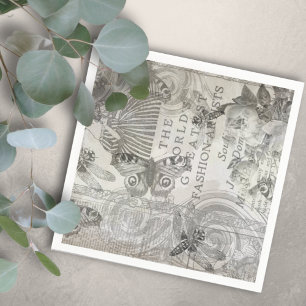 Botanical Vintag Butterfly Script Black and white Napkins