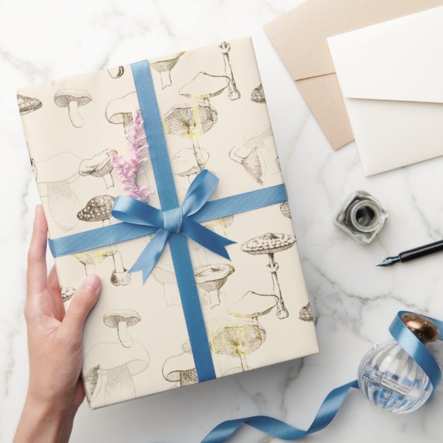 Botanical Vintage Beige Mushroom Pattern Wrapping Paper (Gifting)