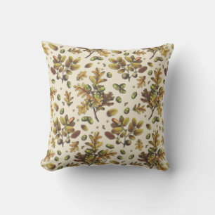 Botanical Vintage Brown Beige Oak Leaves Acorns Throw Pillow