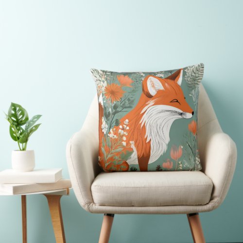 Botanical Vintage Forest Fox  Throw Pillow