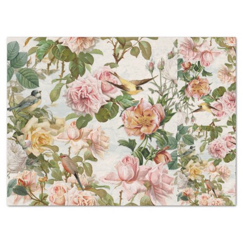Botanical Vintage Pink Yellow Roses Bird Decoupage Tissue Paper
