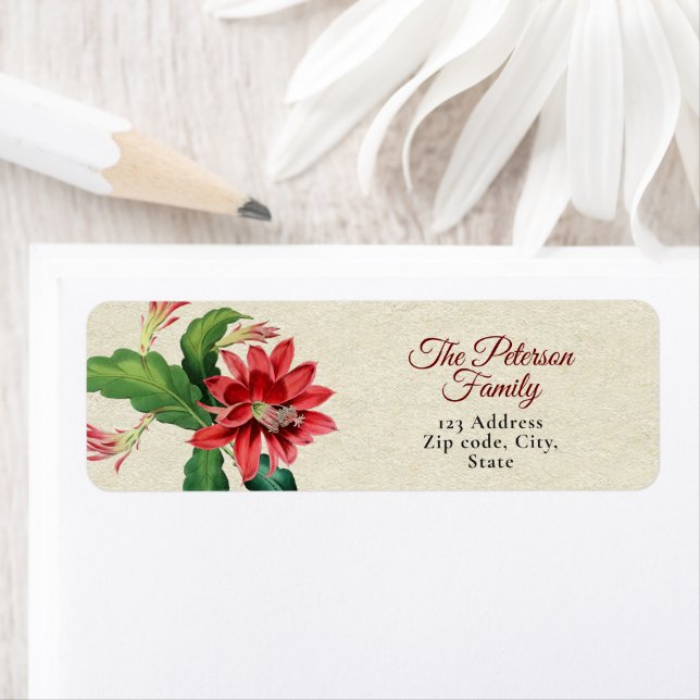Botanical Vintage Red Christmas Cactus Flower Label (Insitu)