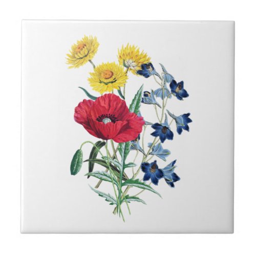 Botanical Vintage Wildflowers _ Poppy Daisy Bell Ceramic Tile