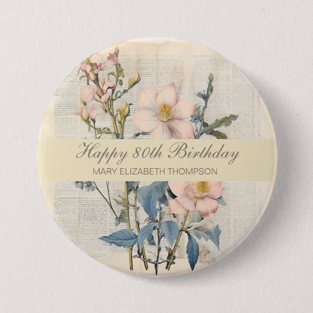 Botanical Vintaqe Wildflower 80th Birthday Button (Front)