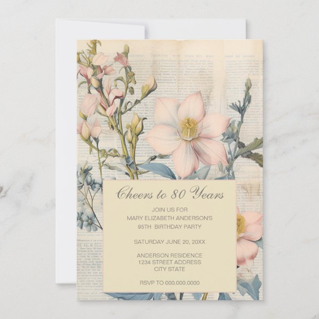  Botanical Vintaqe Wildflower 80th Birthday Invitation (Front)