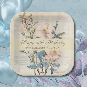 Botanical Vintaqe Wildflower 80th Birthday Paper Plates
