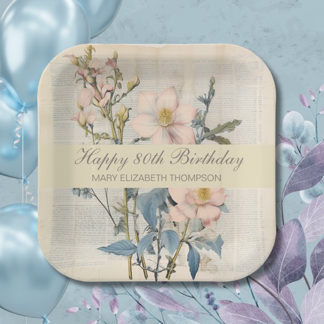  Botanical Vintaqe Wildflower 80th Birthday Paper Plates (Creator Uploaded)