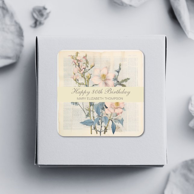  Botanical Vintaqe Wildflower 80th Birthday Square Sticker (Creator Uploaded)