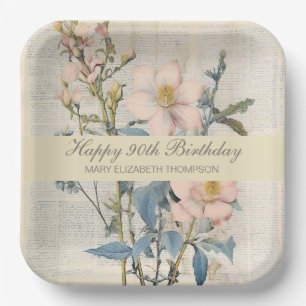 Botanical Vintaqe Wildflower 90th Birthday Paper Plates