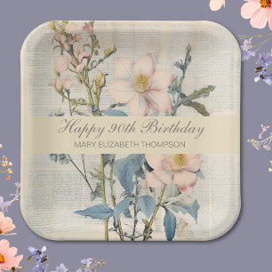 Botanical Vintaqe Wildflower 90th Birthday Paper Plates