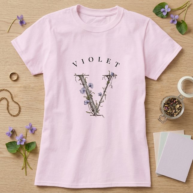 Botanical Violet 'V' Monogram with Birch & Flowers T-Shirt (Creator Uploaded)