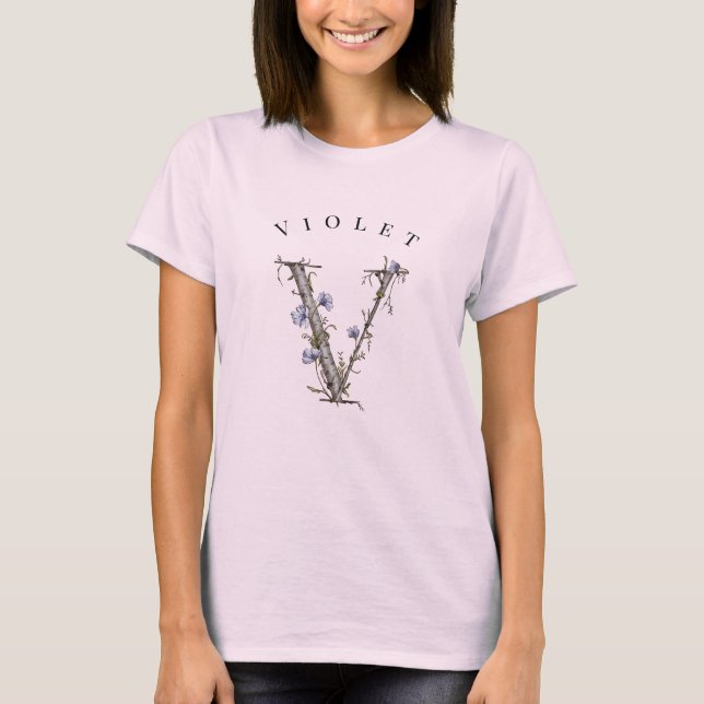 Botanical Violet 'V' Monogram with Birch & Flowers T-Shirt (Front)