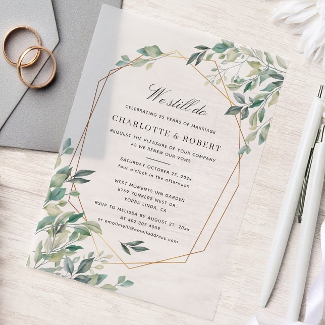 Botanical Vow Renewal Eucalyptus Wedding Vellum Invitations (Watercolor Eucalyptus Geometric Wedding Anniversary Party Invitation)