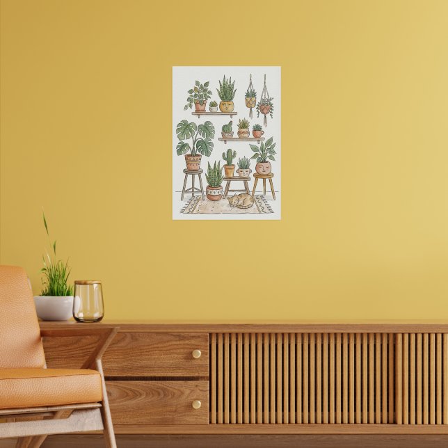 Botanical Wall Art Print with Cat Plant Lover Gift (Living Room 2)