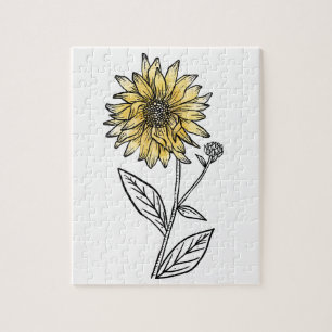 Botanical watercolor aesthetic line art sunflower jigsaw puzzle