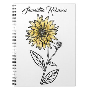 Botanical watercolor aesthetic line art sunflower  notebook