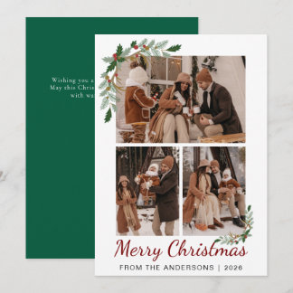 Botanical Watercolor Berry 3 Photo Christmas Holiday Card