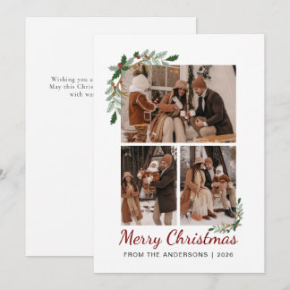 Botanical Watercolor Berry 3 Photo Christmas Holiday Card