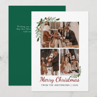 Botanical Watercolor Berry 3 Photo Christmas Holiday Card