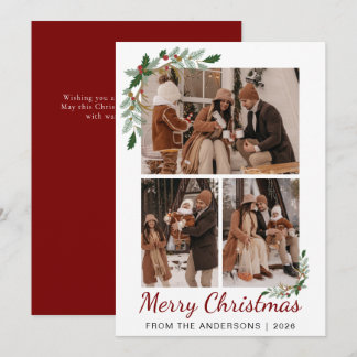 Botanical Watercolor Berry 3 Photo Christmas Holiday Card
