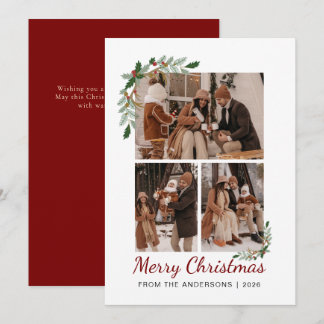Botanical Watercolor Berry 3 Photo Christmas Holiday Card