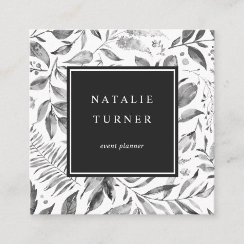Botanical Watercolor Black  White Square Business Card