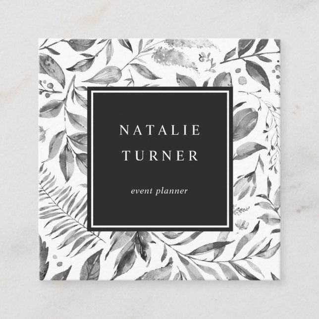 Botanical Watercolor Black & White Square Business Card (Front)