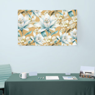 Botanical watercolor blue white gold lily floral banner