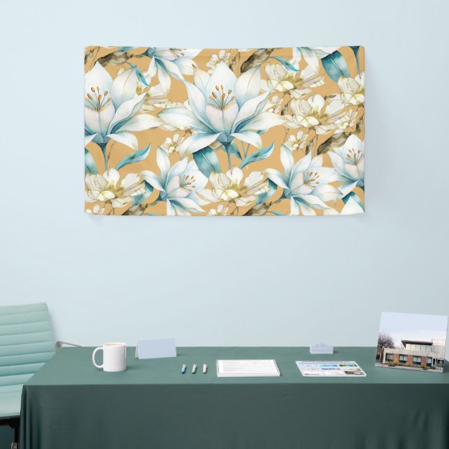 Botanical watercolor blue white gold lily floral banner (Tradeshow)