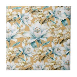Botanical watercolor blue white gold lily floral ceramic tile