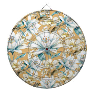 Botanical watercolor blue white gold lily floral dart board