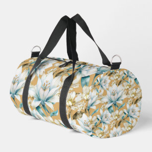 Botanical watercolor blue white gold lily floral duffle bag