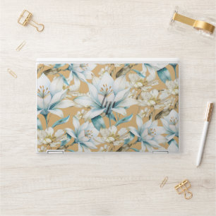 Botanical watercolor blue white gold lily floral HP laptop skin