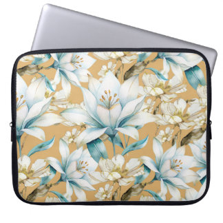 Botanical watercolor blue white gold lily floral laptop sleeve