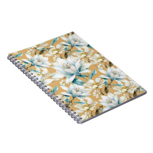 Botanical watercolor blue white gold lily floral notebook
